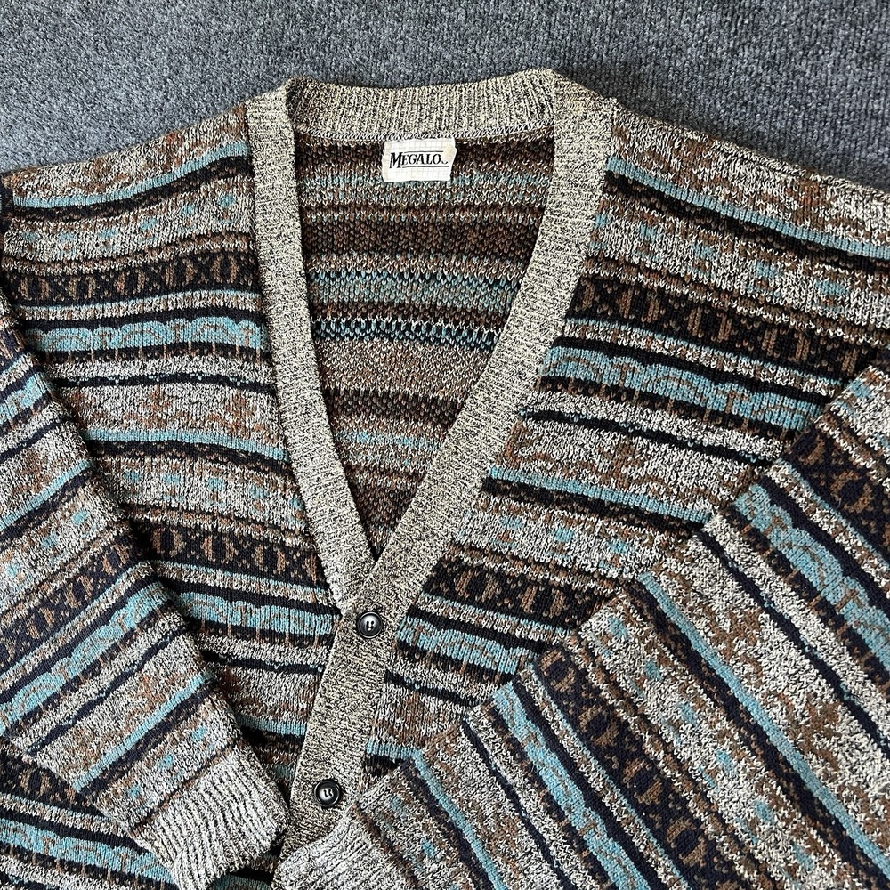 Vintage Megalos XL Knit Cardigan Sweater‎ Brown Teal Geometric 90s Coogi Style